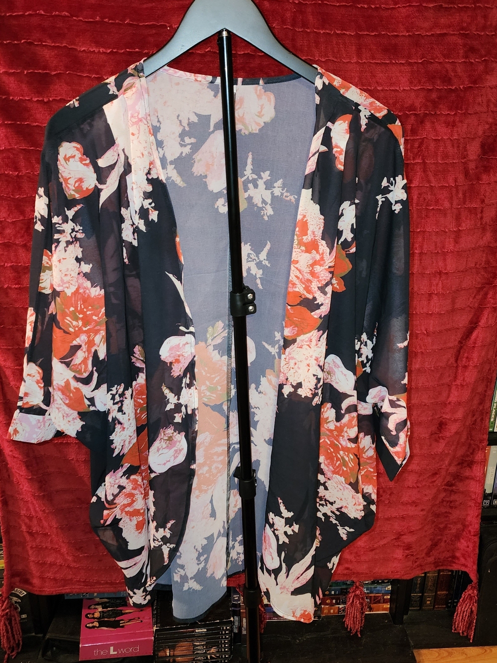 Floral Open-Front Kimono Top - Black with Red & Coral Flowers